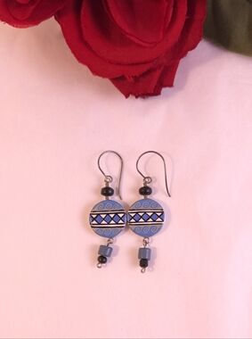Handmade Blue & Silvee South Western Style Dangle Earrings Hand Painted Sterling